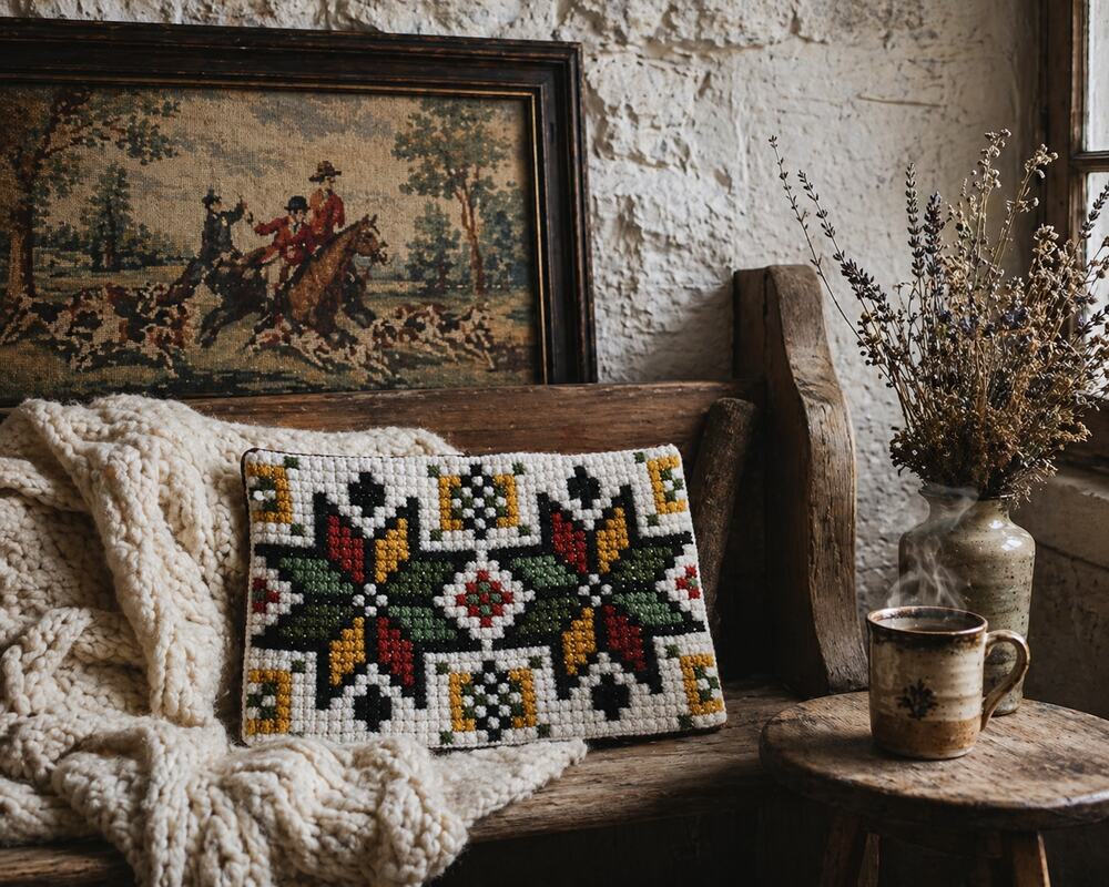 Vintage E. European Crochet Geometric Pillow Cover Boho Folk Art Heritage 17x12